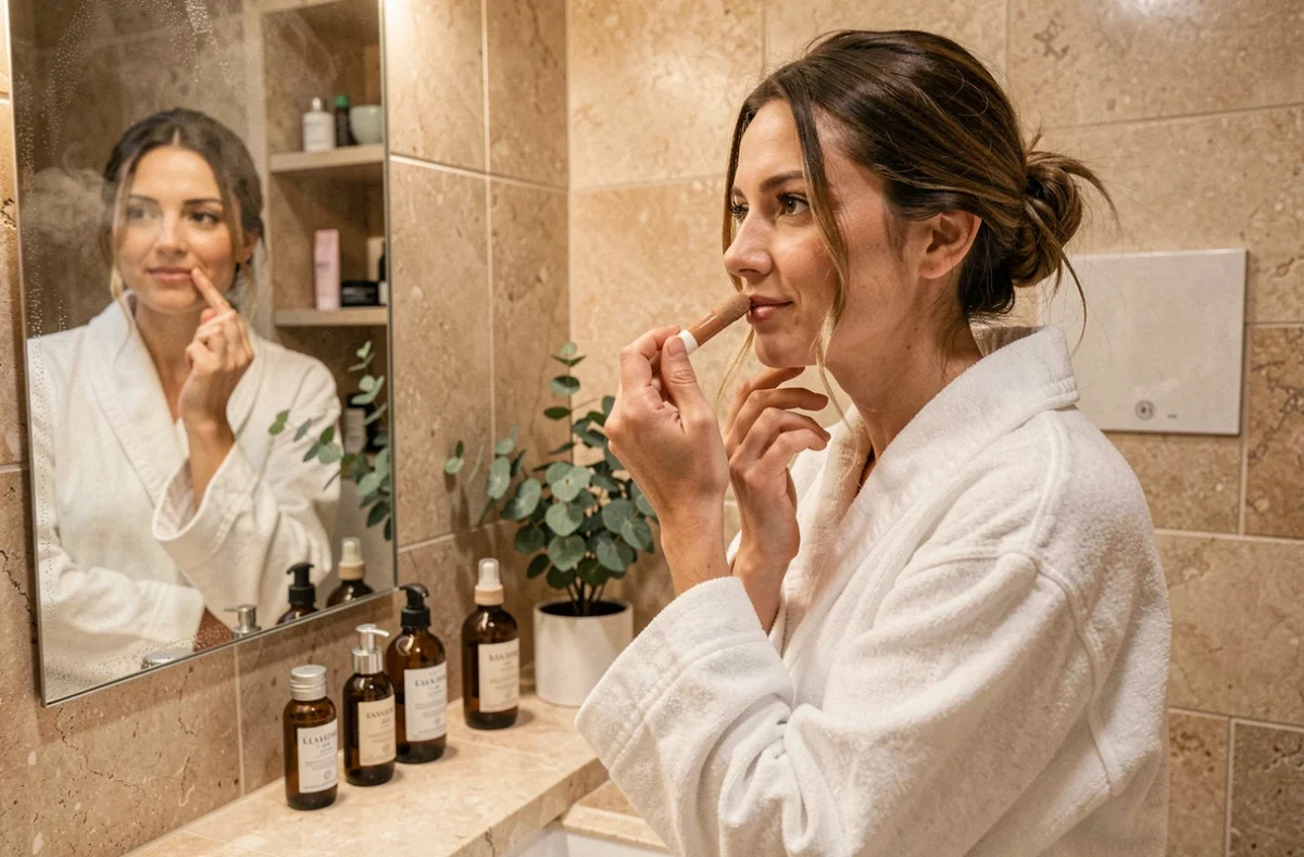 Femme appliquant sa routine beauté matinale devant un miroir de salle de bain en marbre avec des produits de soin naturels