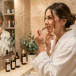 Femme appliquant sa routine beauté matinale devant un miroir de salle de bain en marbre avec des produits de soin naturels