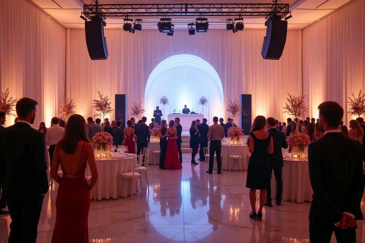 Salle de réception luxueuse avec scène DJ et invités lors d'une grande soirée privée