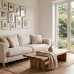 Salon moderne décoré avec style scandinave minimaliste, canapé en lin crème et table basse en bois naturel