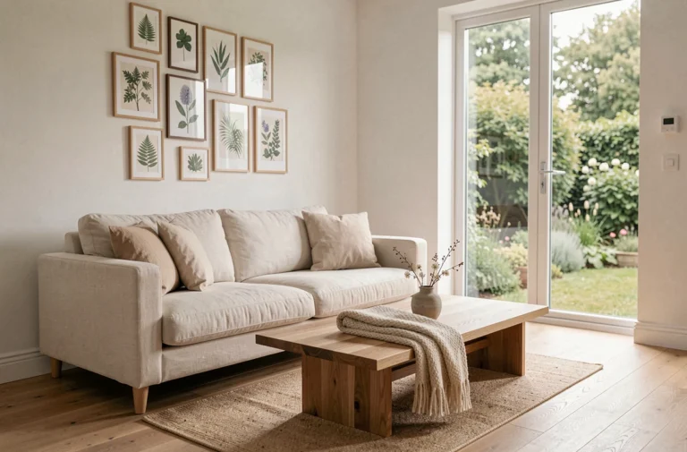 Salon moderne décoré avec style scandinave minimaliste, canapé en lin crème et table basse en bois naturel