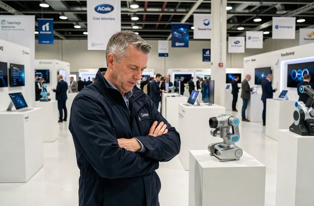 Homme examinant des prototypes technologiques innovants lors d'un salon international de la tech
