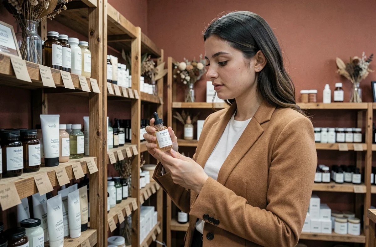 Jeune femme explorant des produits de beauté naturels et bio dans une boutique de cosmétiques éco-responsable
