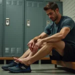 Sportif examinant la corne sous son pied nu dans un vestiaire de club de sport
