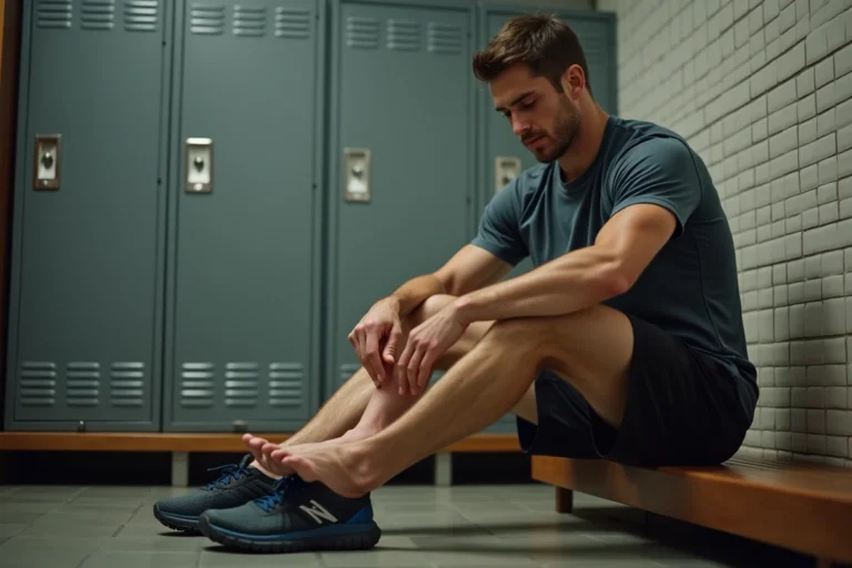 Sportif examinant la corne sous son pied nu dans un vestiaire de club de sport