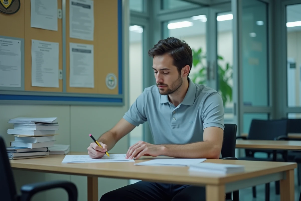 Surveillant de lycée à son bureau d'accueil gérant les registres d'appel à l'entrée de l'établissement