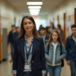 Surveillante de collège encadrant des élèves dans un couloir animé pendant la récréation