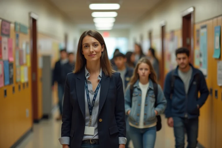 Surveillante de collège encadrant des élèves dans un couloir animé pendant la récréation