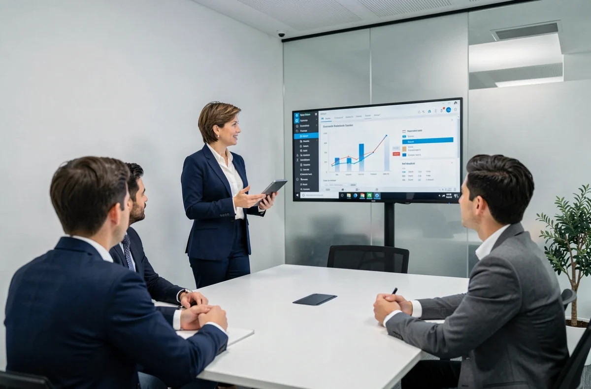 Une team leader femme présente des résultats à son équipe attentive dans une salle de réunion moderne, dynamique de leadership et esprit d'équipe