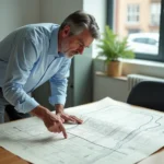 Technicien municipal consultant un plan de réseau d'assainissement tout à l'égout sur une table de travail