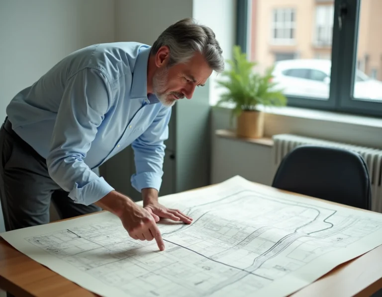 Technicien municipal consultant un plan de réseau d'assainissement tout à l'égout sur une table de travail