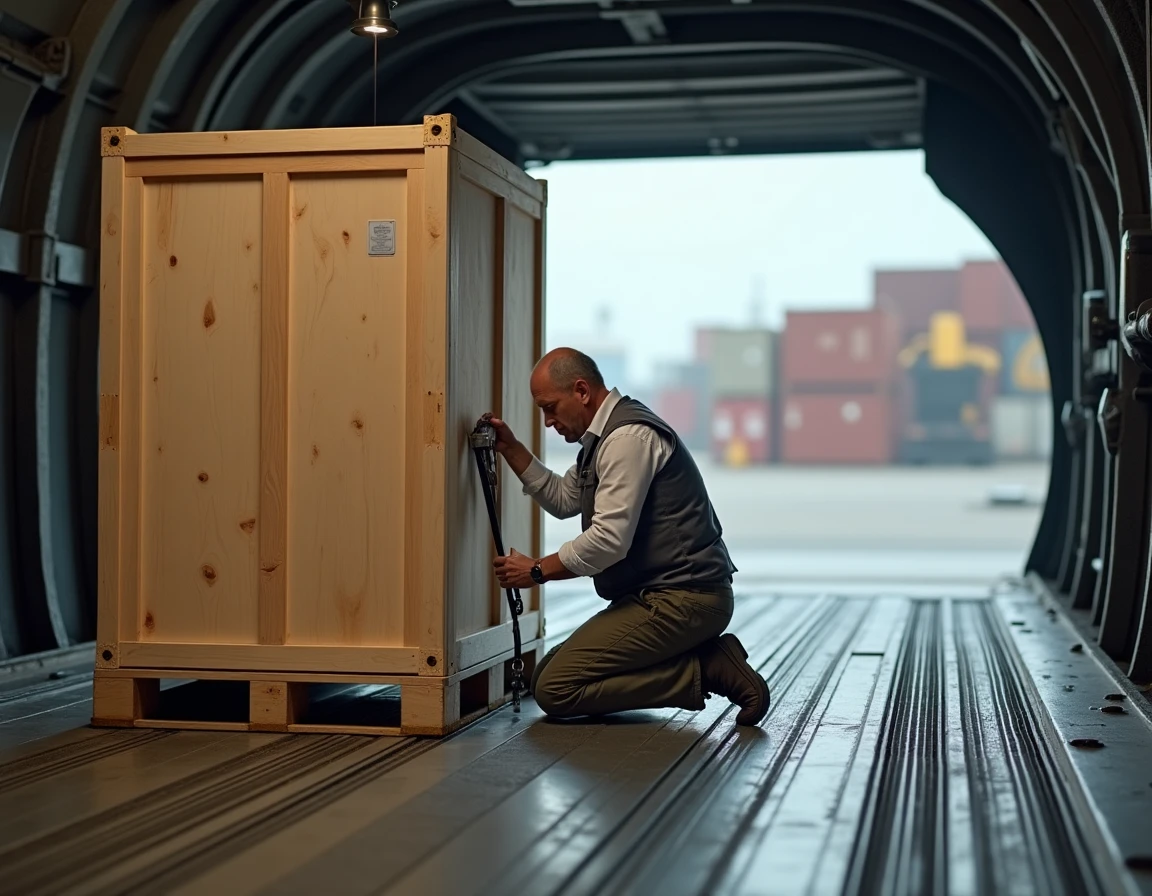 Agent de fret sécurisant une caisse en bois contenant une sculpture dans la soute d'un avion commercial