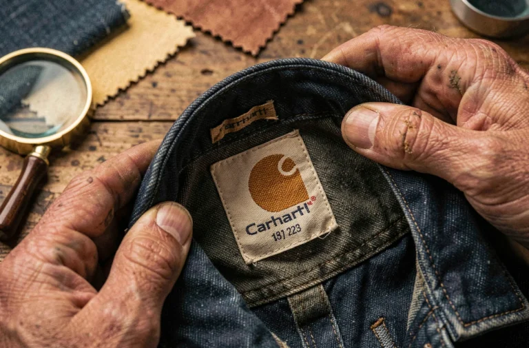 Gros plan sur l'étiquette intérieure d'une veste Carhartt authentique tenue par des mains d'homme, processus de vérification de l'authenticité