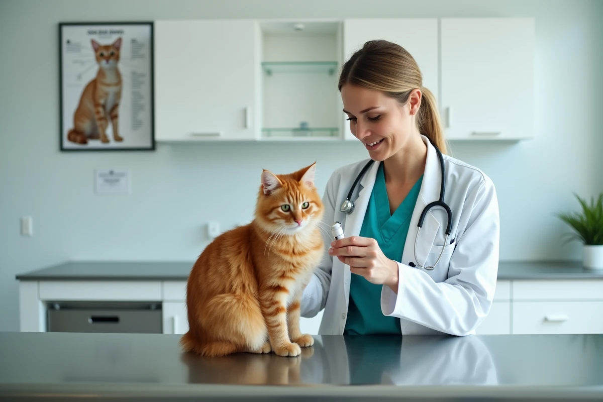 Vétérinaire examinant un chat roux dans une clinique vétérinaire moderne pour assurer son bien-être et sa santé
