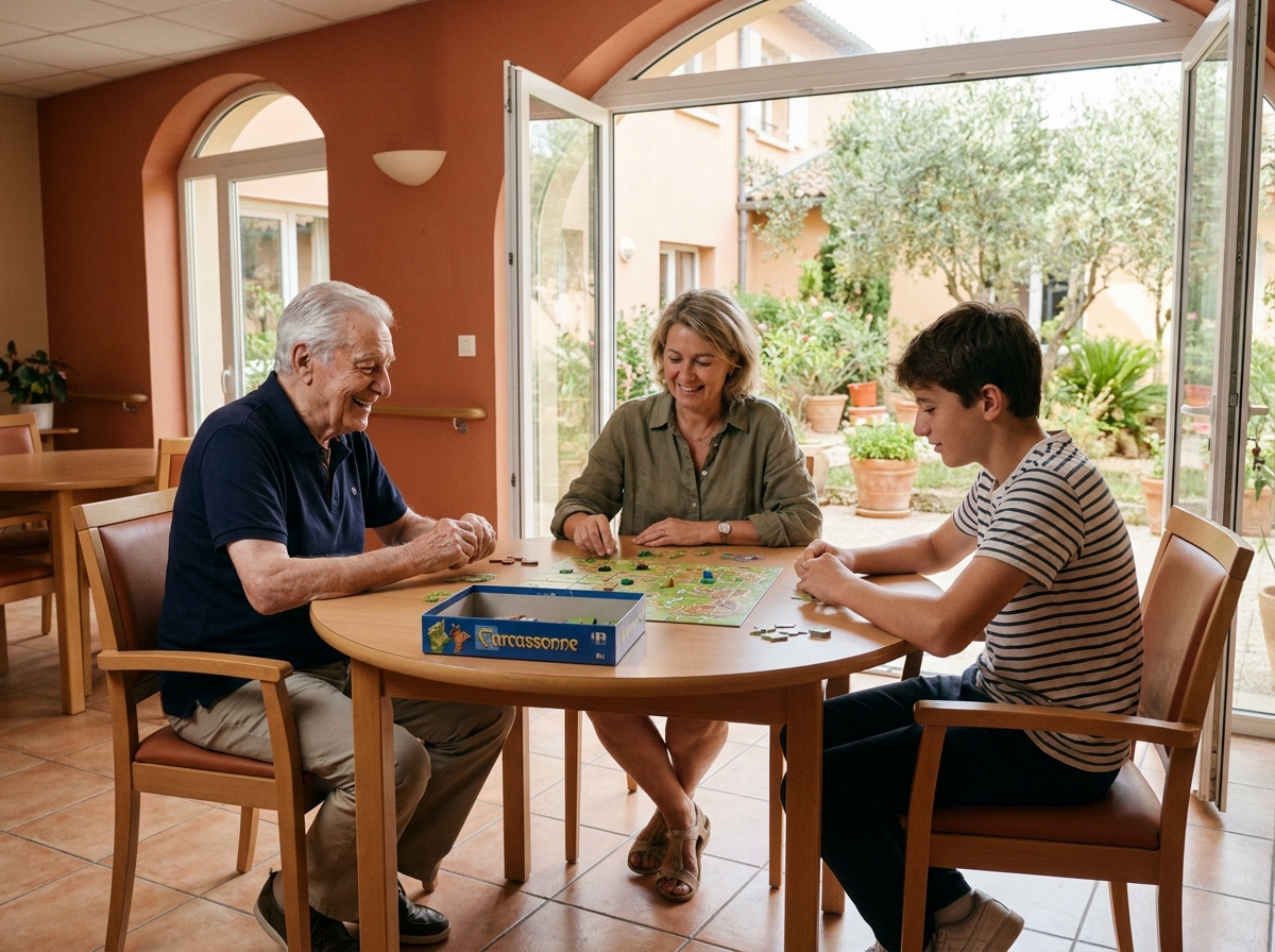 Famille en visite dans une maison de retraite à Marseille, partageant un moment de jeu avec un résident âgé