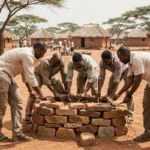 Groupe de volontaires internationaux et habitants locaux construisant ensemble un mur en pierre dans un village africain rural, illustrant le tourisme solidaire