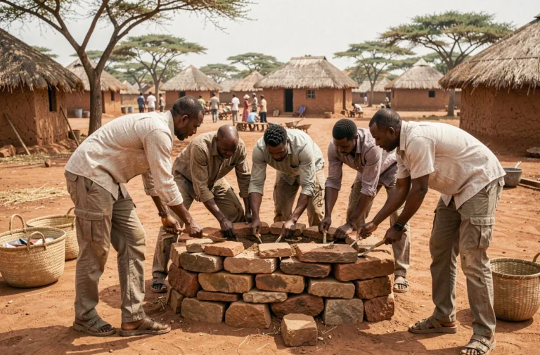 Groupe de volontaires internationaux et habitants locaux construisant ensemble un mur en pierre dans un village africain rural, illustrant le tourisme solidaire